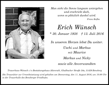 Anzeige von Erich Wünsch von Kölner Stadt-Anzeiger / Kölnische Rundschau / Express