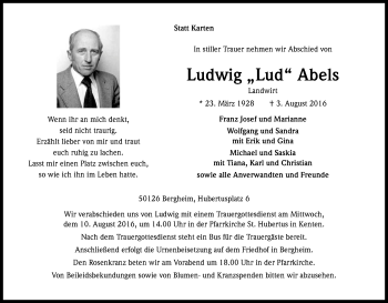 Anzeige von Ludwig  Abels von Kölner Stadt-Anzeiger / Kölnische Rundschau / Express