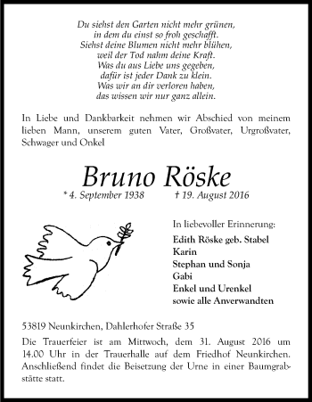 Anzeige von Bruno Röske von Kölner Stadt-Anzeiger / Kölnische Rundschau / Express