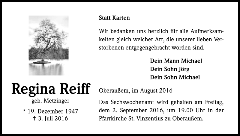  Traueranzeige für Regina Reiff vom 27.08.2016 aus Kölner Stadt-Anzeiger / Kölnische Rundschau / Express