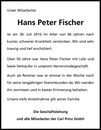 Anzeige von Hans Peter Fischer von Kölner Stadt-Anzeiger / Kölnische Rundschau / Express