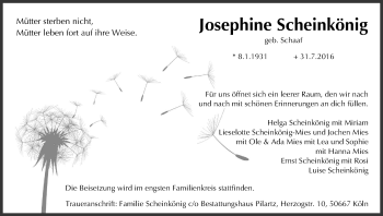 Anzeige von Josephine Scheinkönig von Kölner Stadt-Anzeiger / Kölnische Rundschau / Express