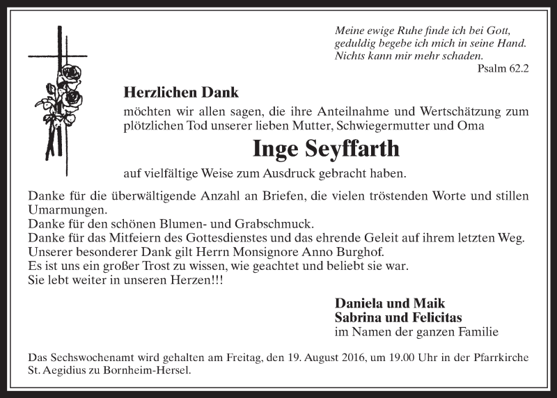  Traueranzeige für Inge Seyffarth vom 10.08.2016 aus  Schaufenster/Blickpunkt 
