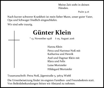 Anzeige von Günter Klein von Kölner Stadt-Anzeiger / Kölnische Rundschau / Express