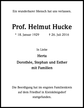 Anzeige von Helmut Hucke von Kölner Stadt-Anzeiger / Kölnische Rundschau / Express