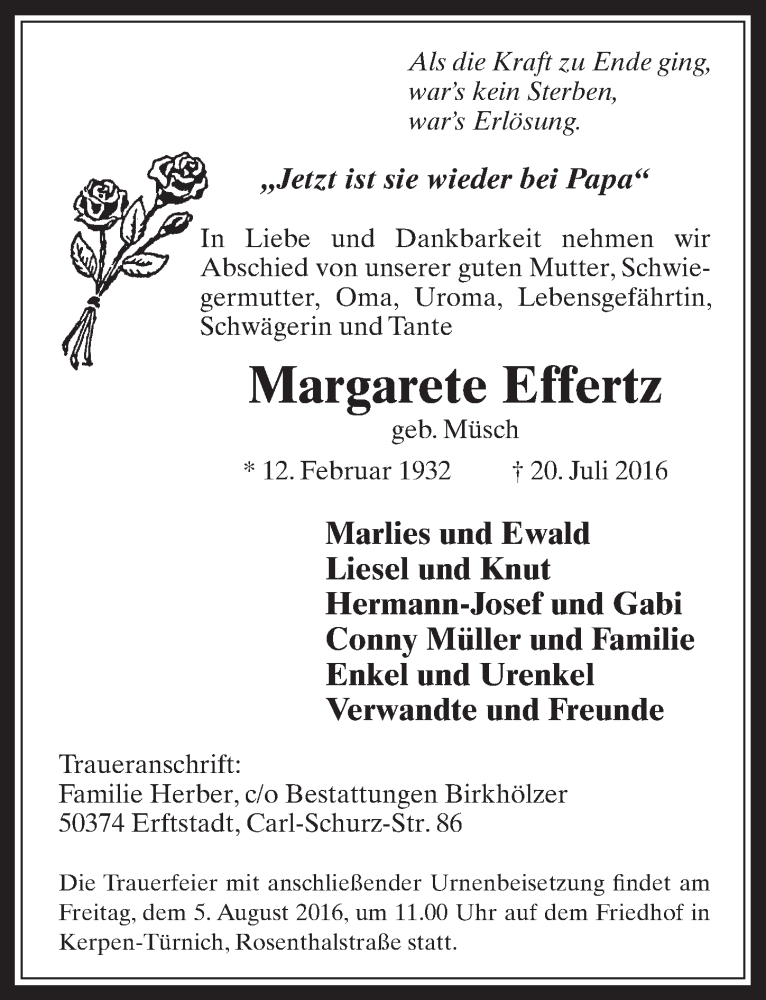  Traueranzeige für Margarete Effertz vom 03.08.2016 aus  Wochenende  Werbepost 