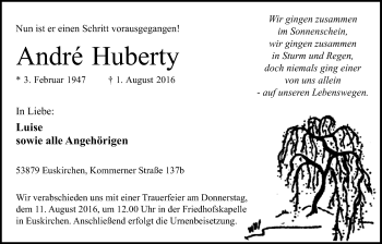 Anzeige von André Huberty von  Blickpunkt Euskirchen 