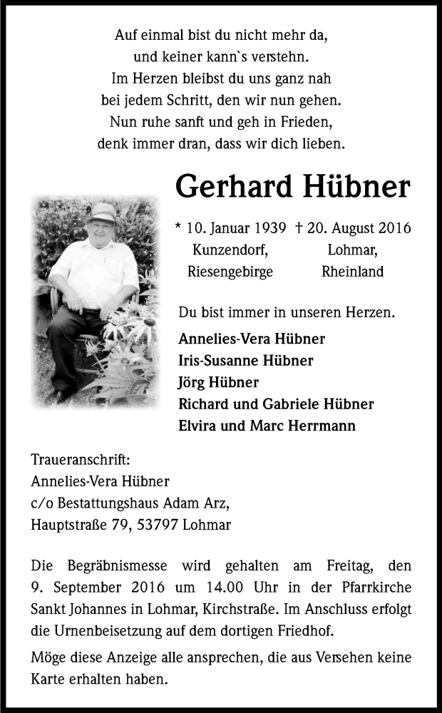  Traueranzeige für Gerhard Hübner vom 27.08.2016 aus Kölner Stadt-Anzeiger / Kölnische Rundschau / Express