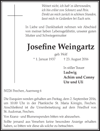 Anzeige von Josefine Weingartz von  Sonntags-Post 