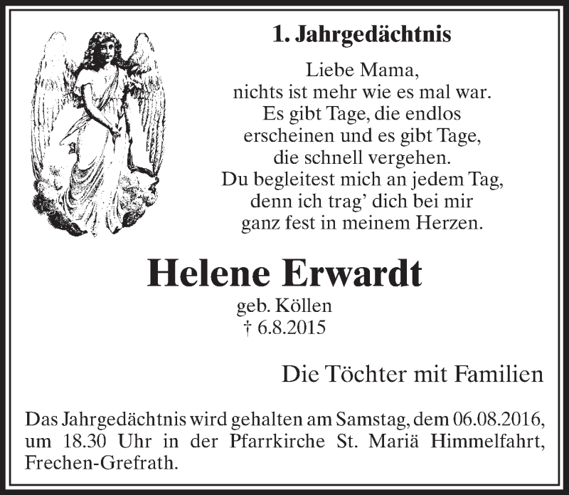  Traueranzeige für Helene Erwardt vom 06.08.2016 aus  Sonntags-Post 