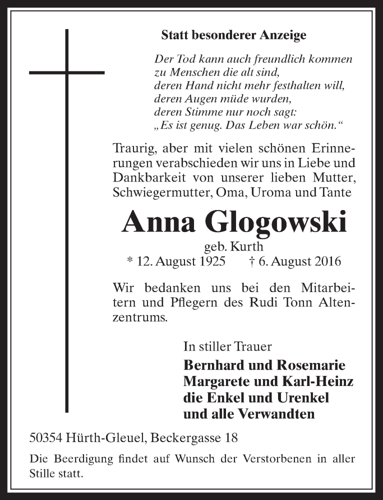  Traueranzeige für Anna Glogowski vom 10.08.2016 aus  Wochenende 