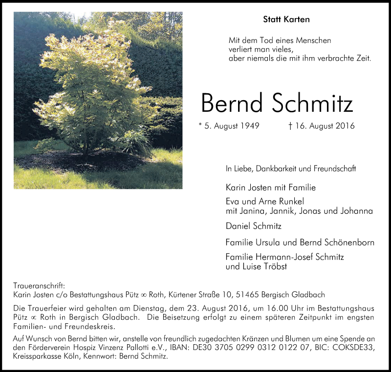  Traueranzeige für Bernd Schmitz vom 20.08.2016 aus Kölner Stadt-Anzeiger / Kölnische Rundschau / Express