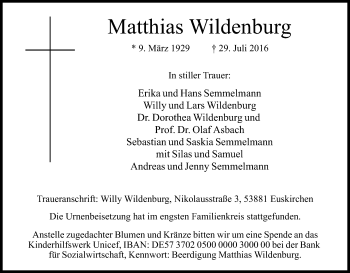 Anzeige von Matthias Wildenburg von Kölner Stadt-Anzeiger / Kölnische Rundschau / Express