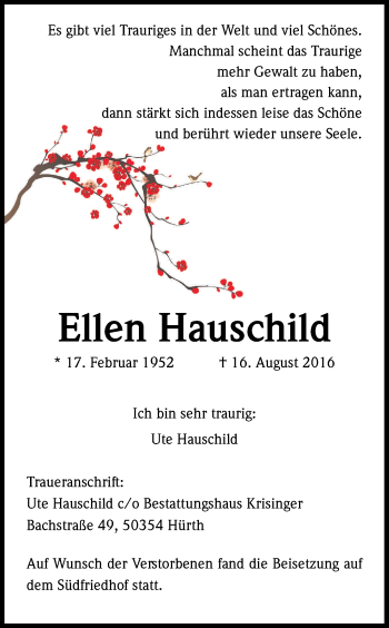 Anzeige von Ellen Hauschild von Kölner Stadt-Anzeiger / Kölnische Rundschau / Express