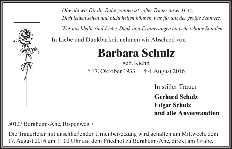  Traueranzeige für Barbara Schulz vom 13.08.2016 aus  Sonntags-Post 