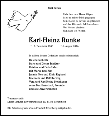 Anzeige von Karl-Heinz Runke von Kölner Stadt-Anzeiger / Kölnische Rundschau / Express