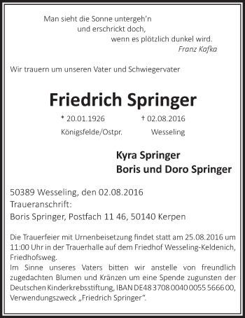 Anzeige von Friedrich Springer von  Schlossbote/Werbekurier 