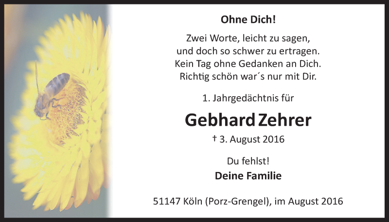  Traueranzeige für Gebhard Zehrer vom 03.08.2016 aus  Kölner Wochenspiegel 