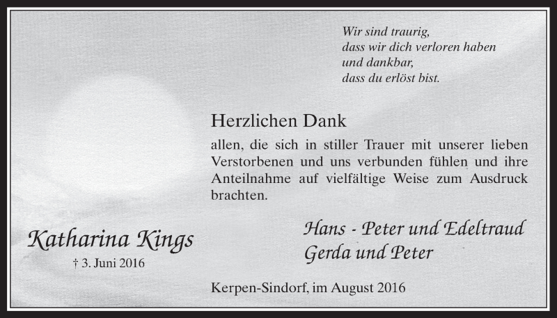  Traueranzeige für Katharina Kings vom 03.08.2016 aus  Werbepost 