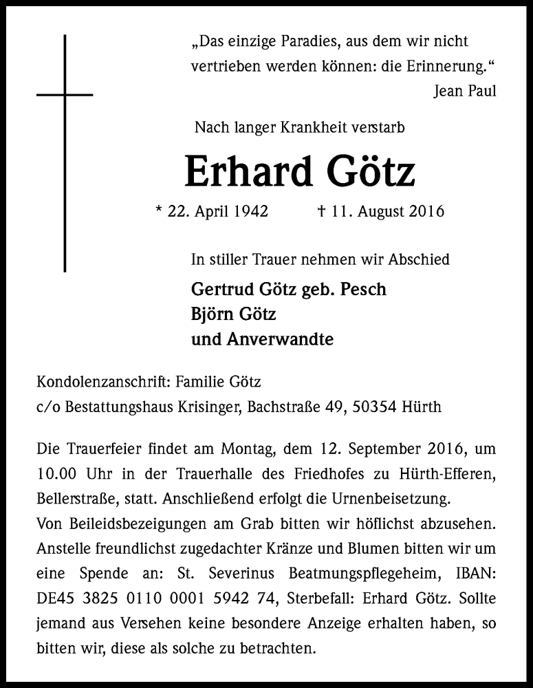  Traueranzeige für Erhard GÃ¶tz vom 24.08.2016 aus Kölner Stadt-Anzeiger / Kölnische Rundschau / Express