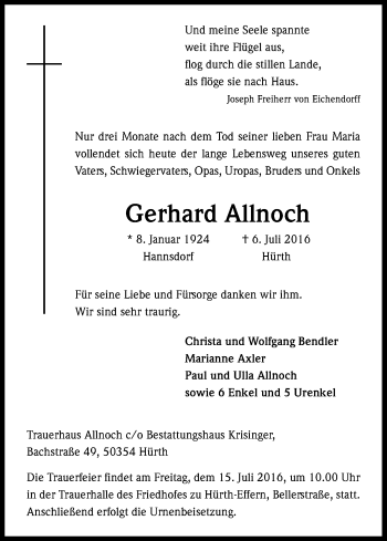 Anzeige von Gerhard Allnoch von Kölner Stadt-Anzeiger / Kölnische Rundschau / Express