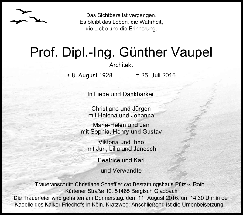  Traueranzeige für Günther Vaupel vom 06.08.2016 aus Kölner Stadt-Anzeiger / Kölnische Rundschau / Express
