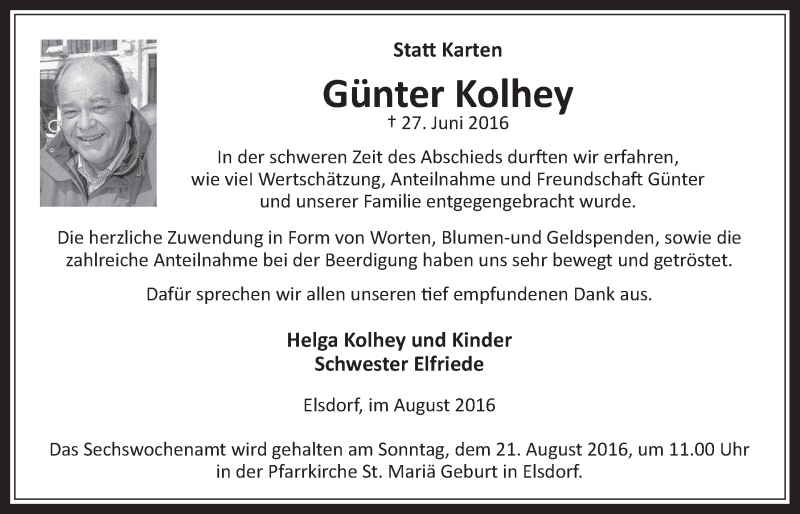  Traueranzeige für Günter Kolhey vom 17.08.2016 aus  Werbepost 