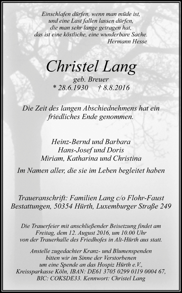 Traueranzeige für Christel Lang vom 10.08.2016 aus Kölner Stadt-Anzeiger / Kölnische Rundschau / Express