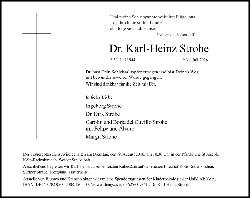  Traueranzeige für Karl-Heinz Strohe vom 06.08.2016 aus Kölner Stadt-Anzeiger / Kölnische Rundschau / Express