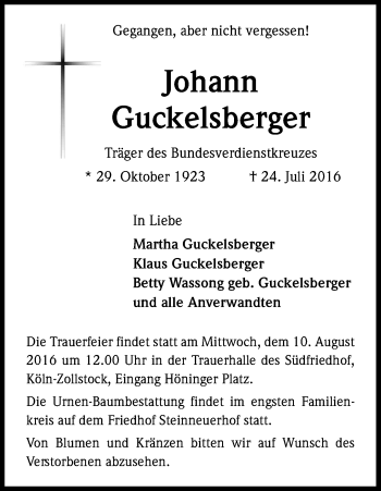 Anzeige von Johann Guckelsberger von Kölner Stadt-Anzeiger / Kölnische Rundschau / Express