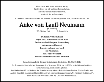 Anzeige von Anke von Lauff-Neumann von Kölner Stadt-Anzeiger / Kölnische Rundschau / Express
