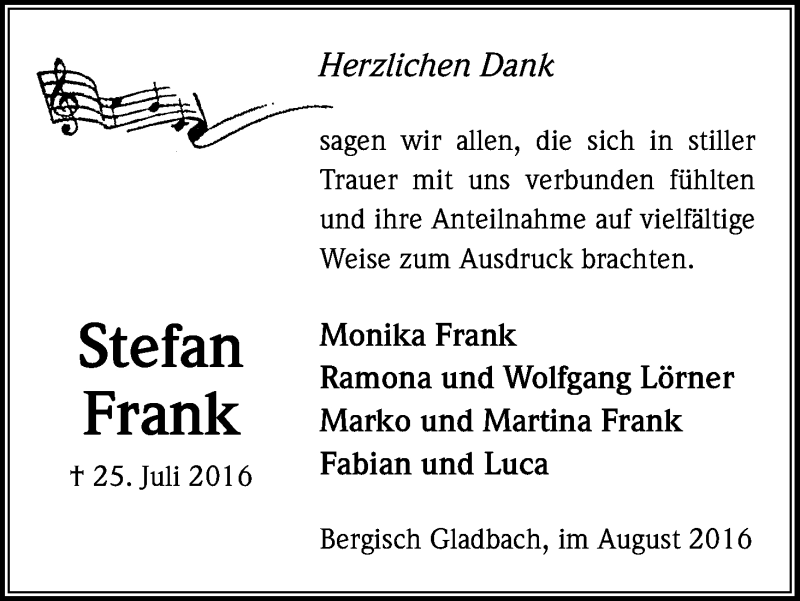  Traueranzeige für Stefan Frank vom 27.08.2016 aus Kölner Stadt-Anzeiger / Kölnische Rundschau / Express