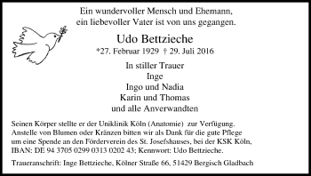 Anzeige von Udo Bettzieche von Kölner Stadt-Anzeiger / Kölnische Rundschau / Express