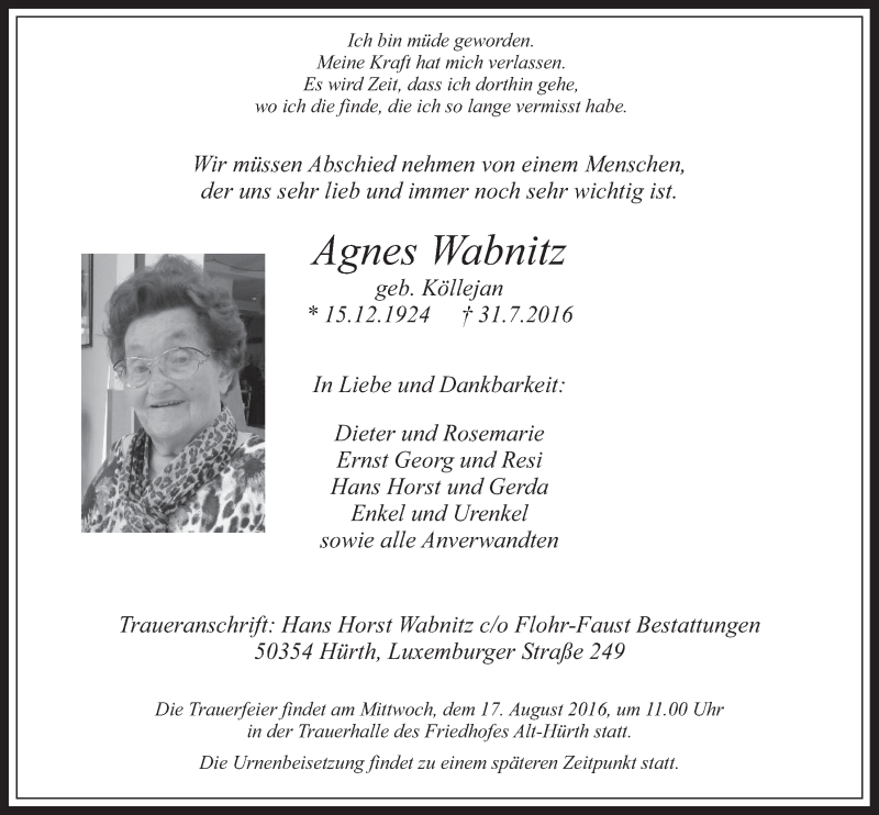  Traueranzeige für Agnes Wabnitz vom 10.08.2016 aus  Wochenende 