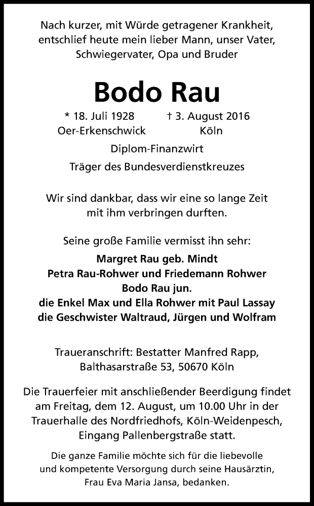  Traueranzeige für Bodo Rau vom 06.08.2016 aus Kölner Stadt-Anzeiger / Kölnische Rundschau / Express
