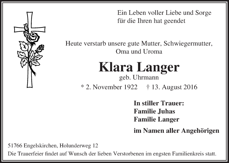  Traueranzeige für Klara Langer vom 17.08.2016 aus  Anzeigen Echo 