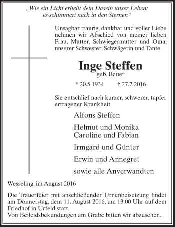 Anzeige von Inge Steffen von  Schlossbote/Werbekurier 