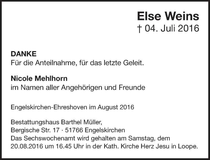  Traueranzeige für Else Weins vom 03.08.2016 aus  Anzeigen Echo 