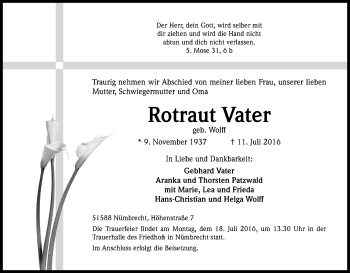 Anzeige von Rotraut Vater von Kölner Stadt-Anzeiger / Kölnische Rundschau / Express