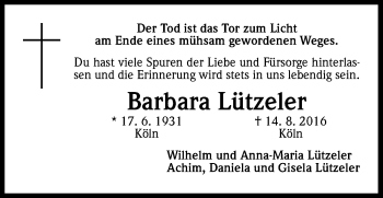 Anzeige von Barbara Lützeler von Kölner Stadt-Anzeiger / Kölnische Rundschau / Express