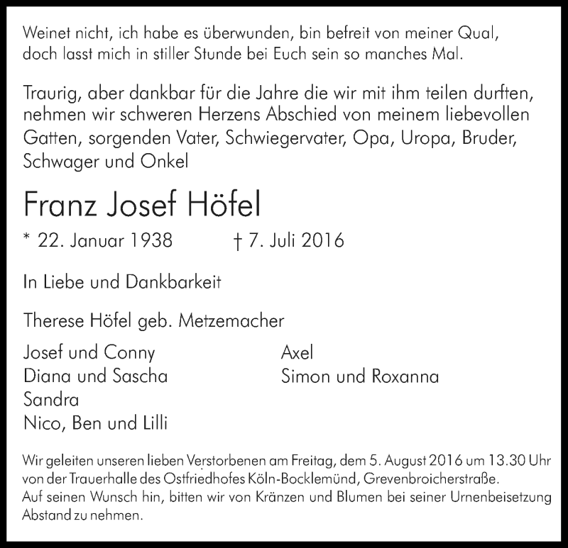  Traueranzeige für Franz Josef Höfel vom 01.08.2016 aus Kölner Stadt-Anzeiger / Kölnische Rundschau / Express