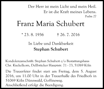 Anzeige von Franz Schubert von Kölner Stadt-Anzeiger / Kölnische Rundschau / Express