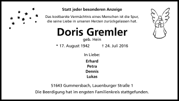 Anzeige von Doris Gremler von Kölner Stadt-Anzeiger / Kölnische Rundschau / Express