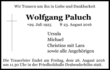 Anzeige von Wolfgang Paluch von Kölner Stadt-Anzeiger / Kölnische Rundschau / Express