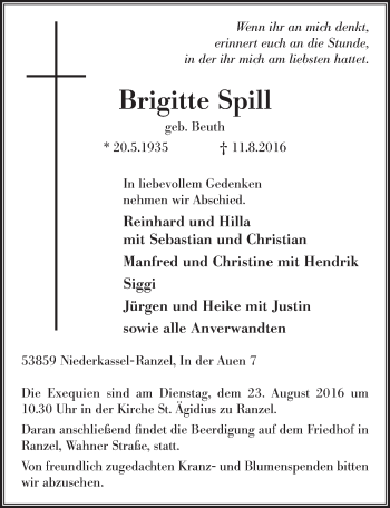 Anzeige von Brigitte Spill von  Extra Blatt 