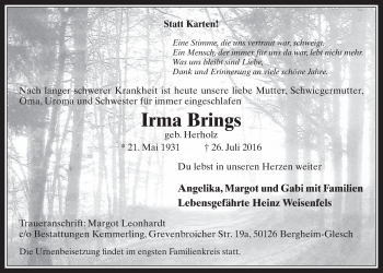 Anzeige von Irma Brings von  Werbepost 
