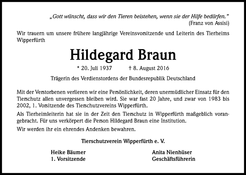  Traueranzeige für Hildegard Braun vom 17.08.2016 aus Kölner Stadt-Anzeiger / Kölnische Rundschau / Express