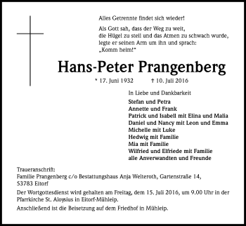 Anzeige von Hans-Peter Prangenberg von Kölner Stadt-Anzeiger / Kölnische Rundschau / Express