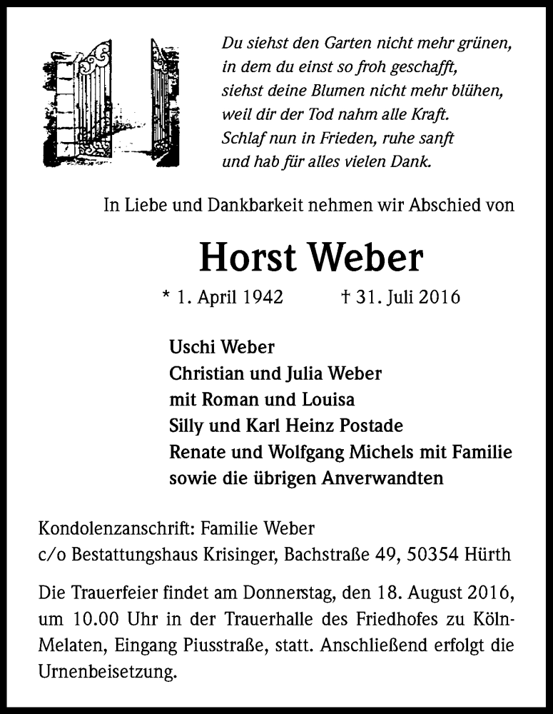  Traueranzeige für Horst Weber vom 13.08.2016 aus Kölner Stadt-Anzeiger / Kölnische Rundschau / Express