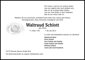 Anzeige von Waltraud Schlott von Kölner Stadt-Anzeiger / Kölnische Rundschau / Express
